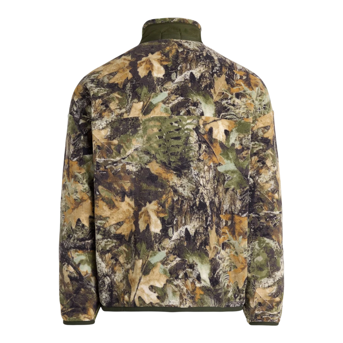 Back view of MILWORKS relaxed fit fleece jacket featuring a forest floor camo print with foliage and bark patterns.
