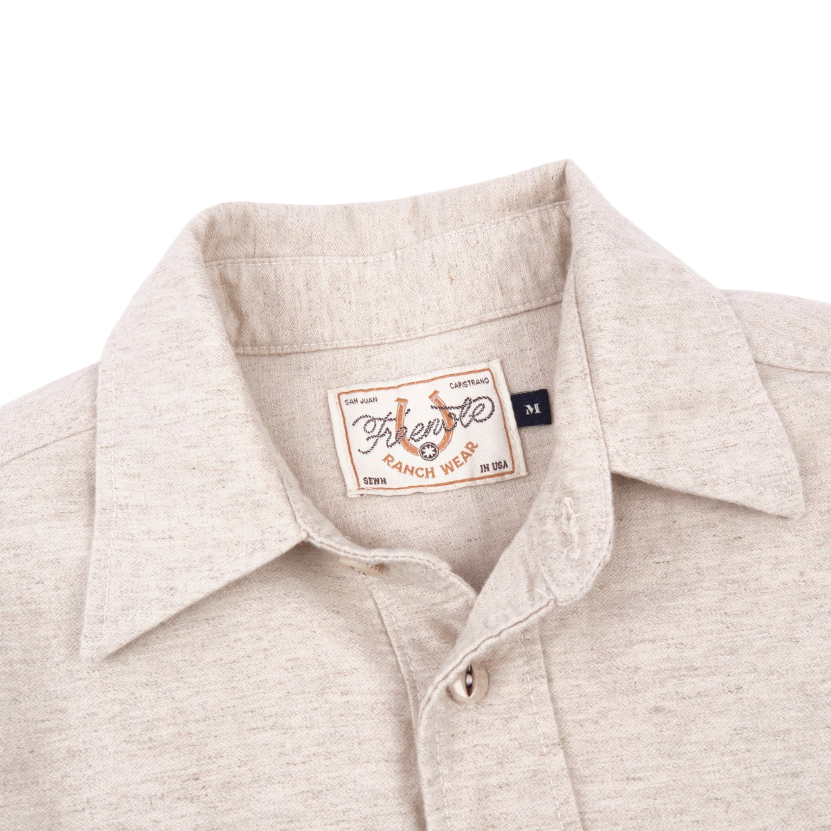 MILWORKS Freenote Cloth Huntsman natural nep cotton linen western shirt collar detail with branded label