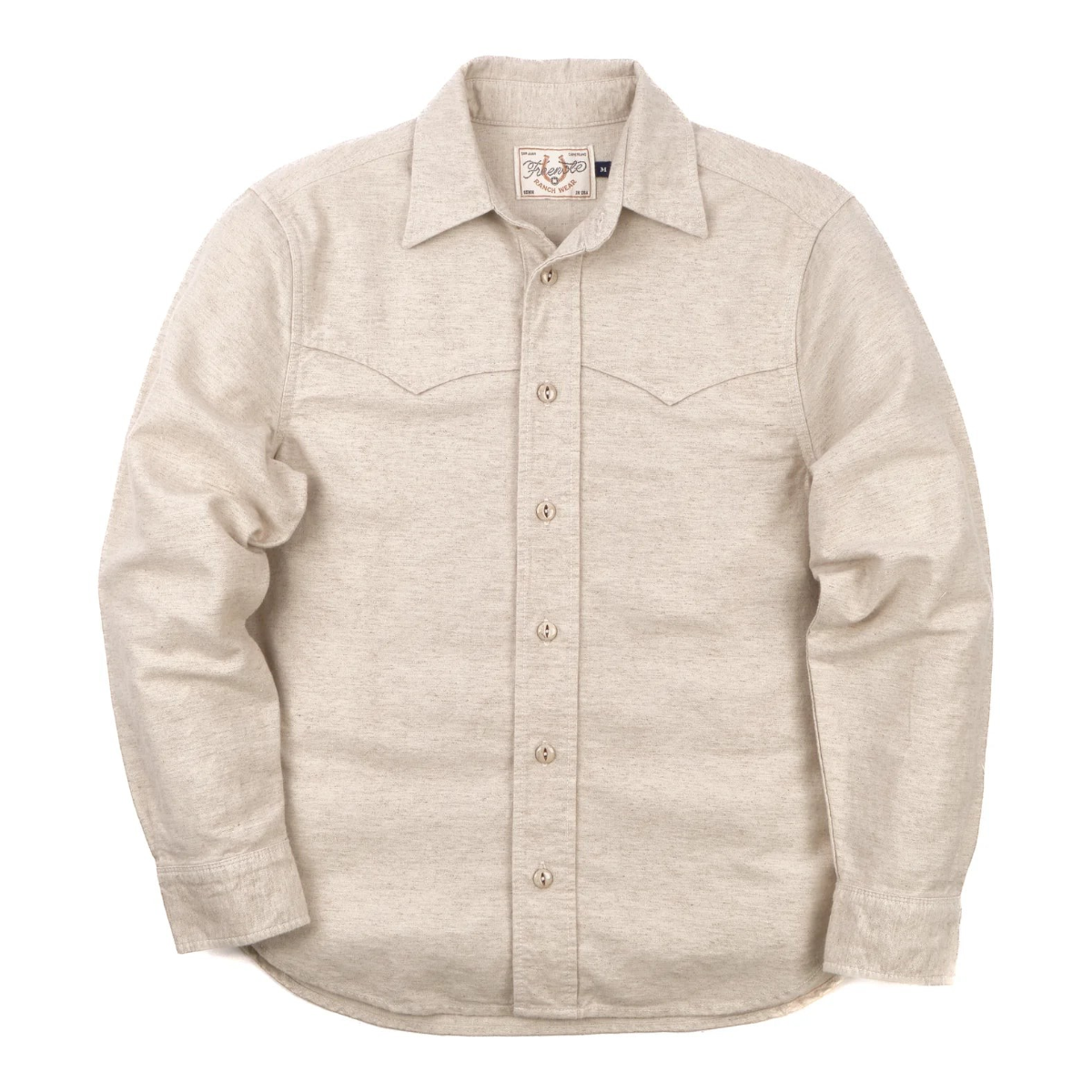 MILWORKS Freenote Cloth Huntsman natural nep western shirt in cotton linen blend with antiqued bone buttons