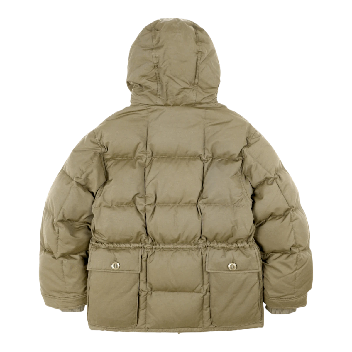Back view of MILWORKS Frizmworks Karakoram down parka in khaki beige with square baffling and two flap pockets.