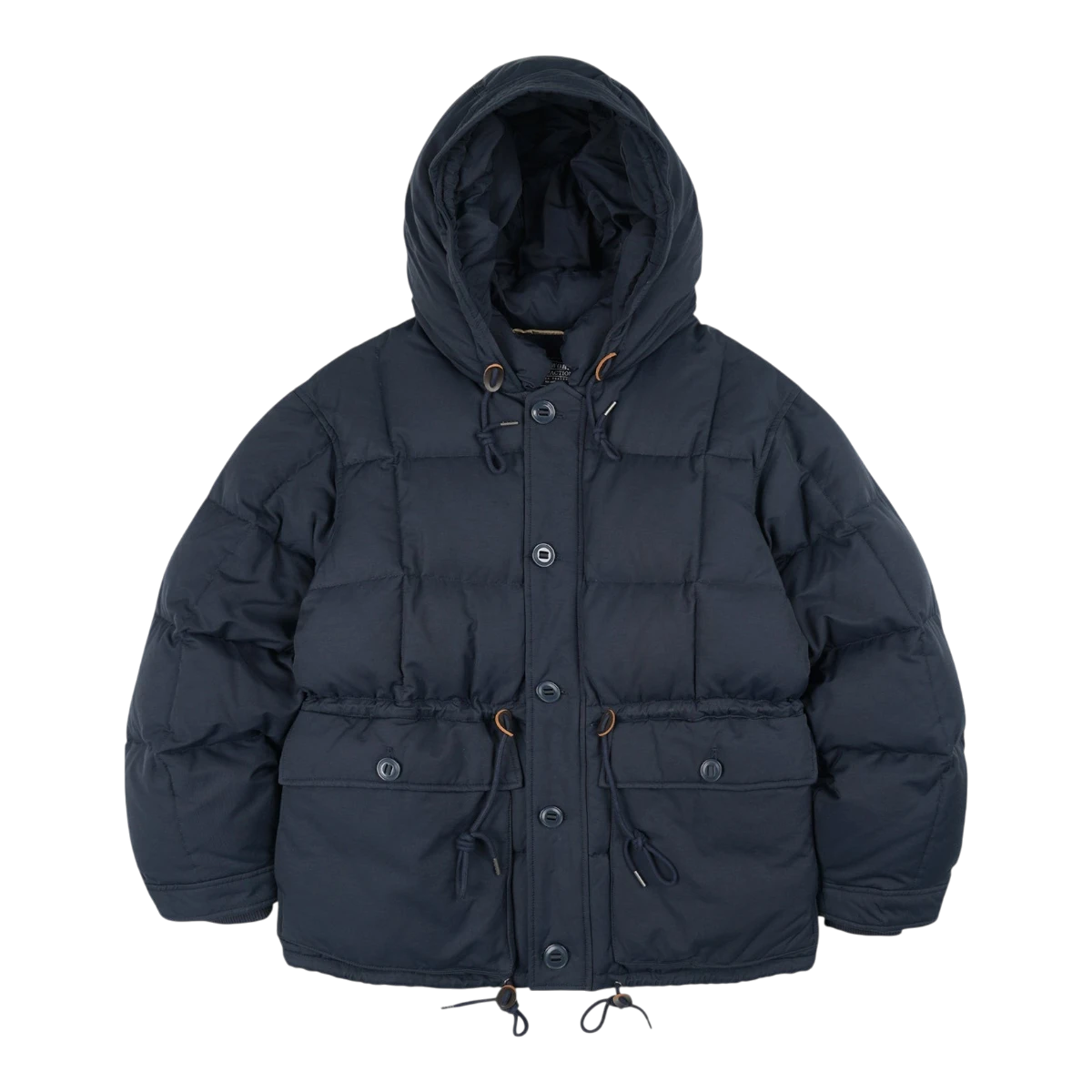 MILWORKS Frizmworks navy blue down parka with square baffling, large hood, and button-down front closure.