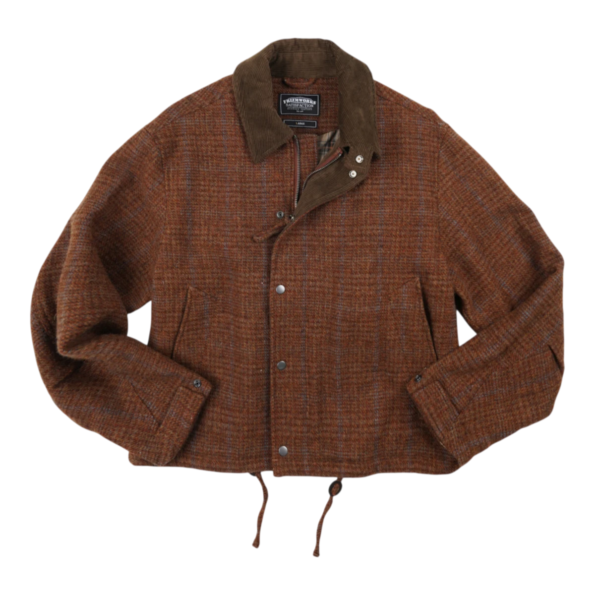 MILWORKS FrizmWorks wool hunting jacket in maple brown with a corduroy collar and front snap button closure.