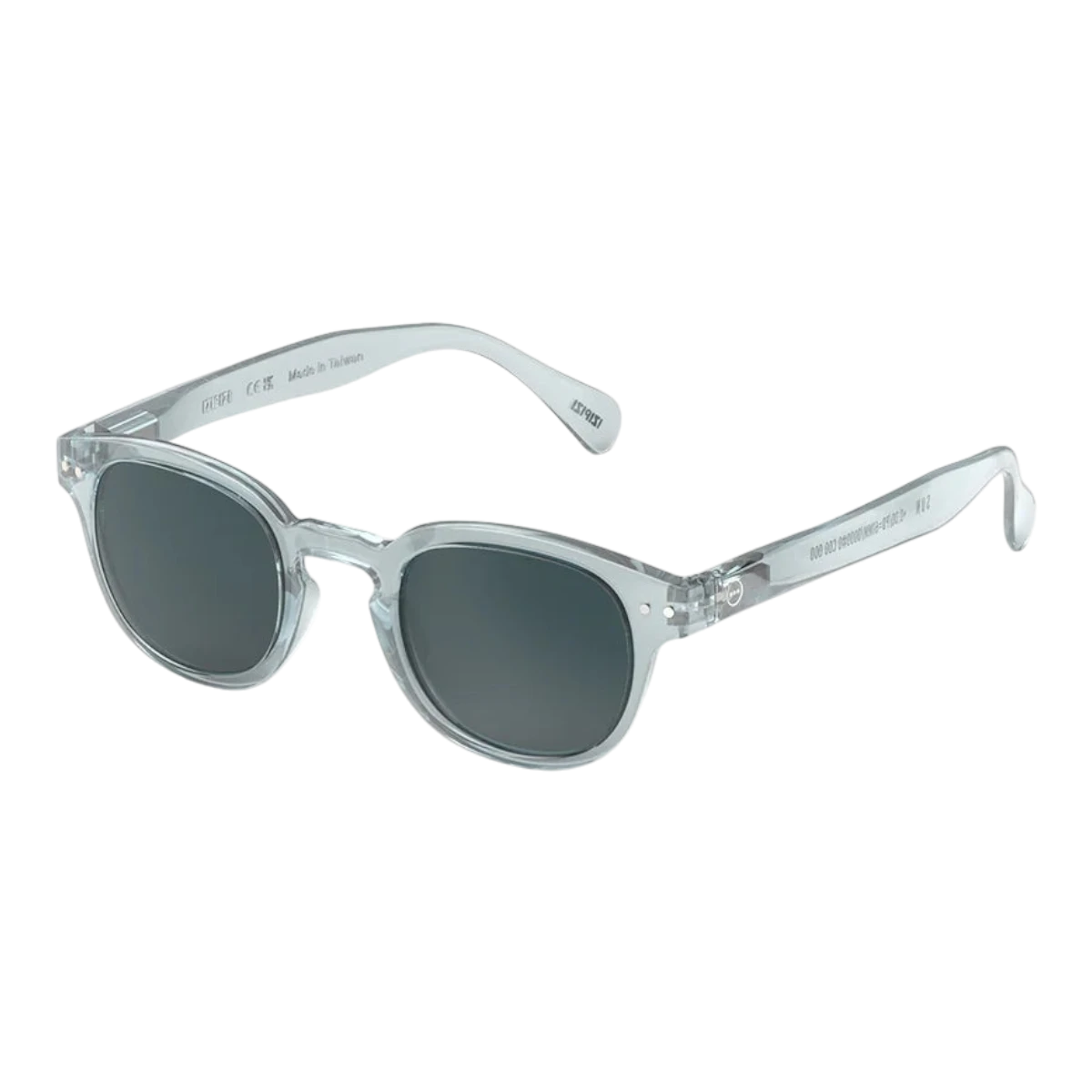 MILWORKS #C sunglasses in translucent frozen blue with a glossy finish and blue sun lenses in a vintage-inspired frame.