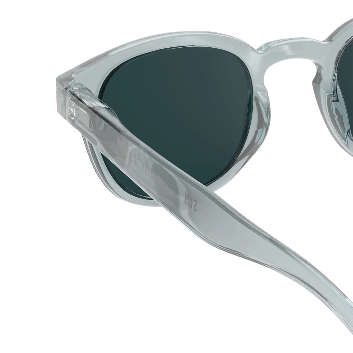 MILWORKS #C sunglasses in translucent frozen blue with a glossy finish and blue lenses, close-up side view.