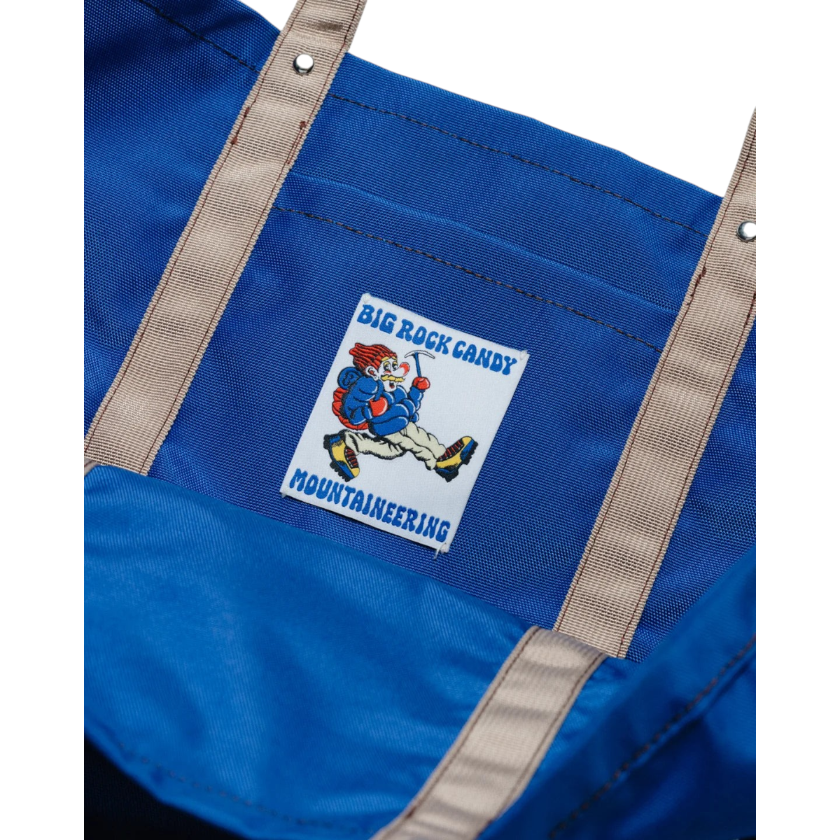 MILWORKS Gator Tote in blueberry blue canvas featuring a Big Rock Candy Mountaineering logo patch and webbing straps