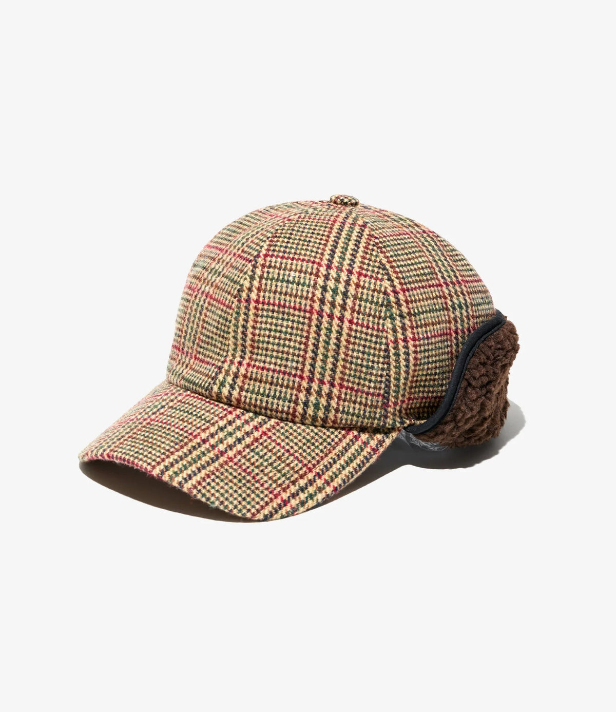MILWORKS tan and red glen plaid hunting cap with a short brim and warm brown fleece-lined fold-down ear flaps.