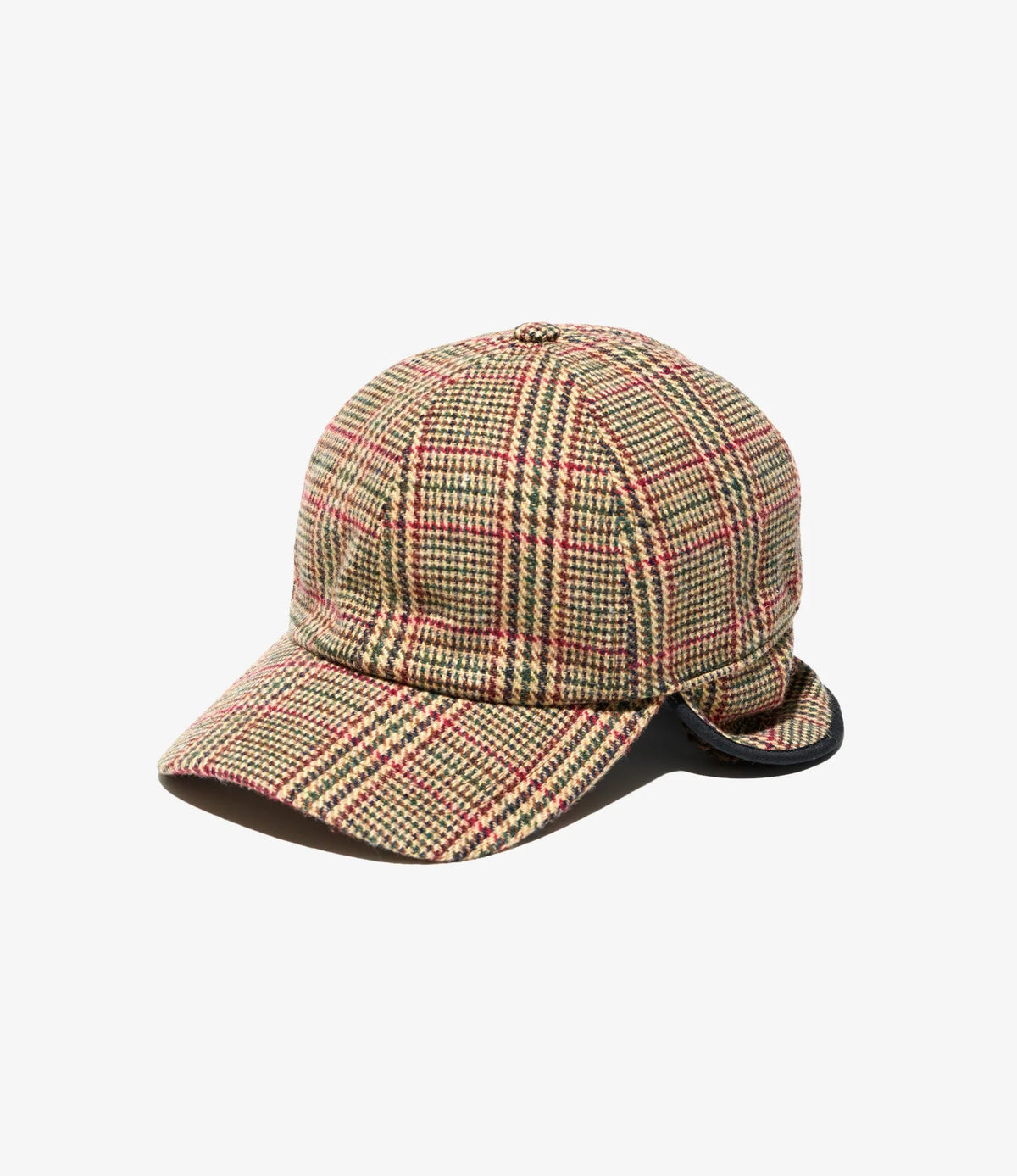 MILWORKS hunting cap in tan and red glen plaid wool blend fabric with a short brim and foldable ear flaps