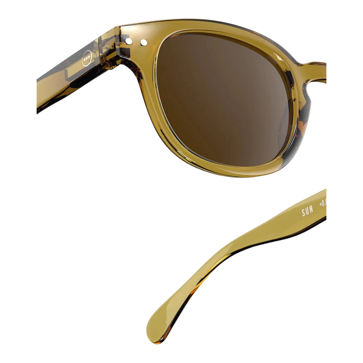 MILWORKS #C sunglasses in translucent golden green with brown lenses and a glossy, vintage-inspired square frame.