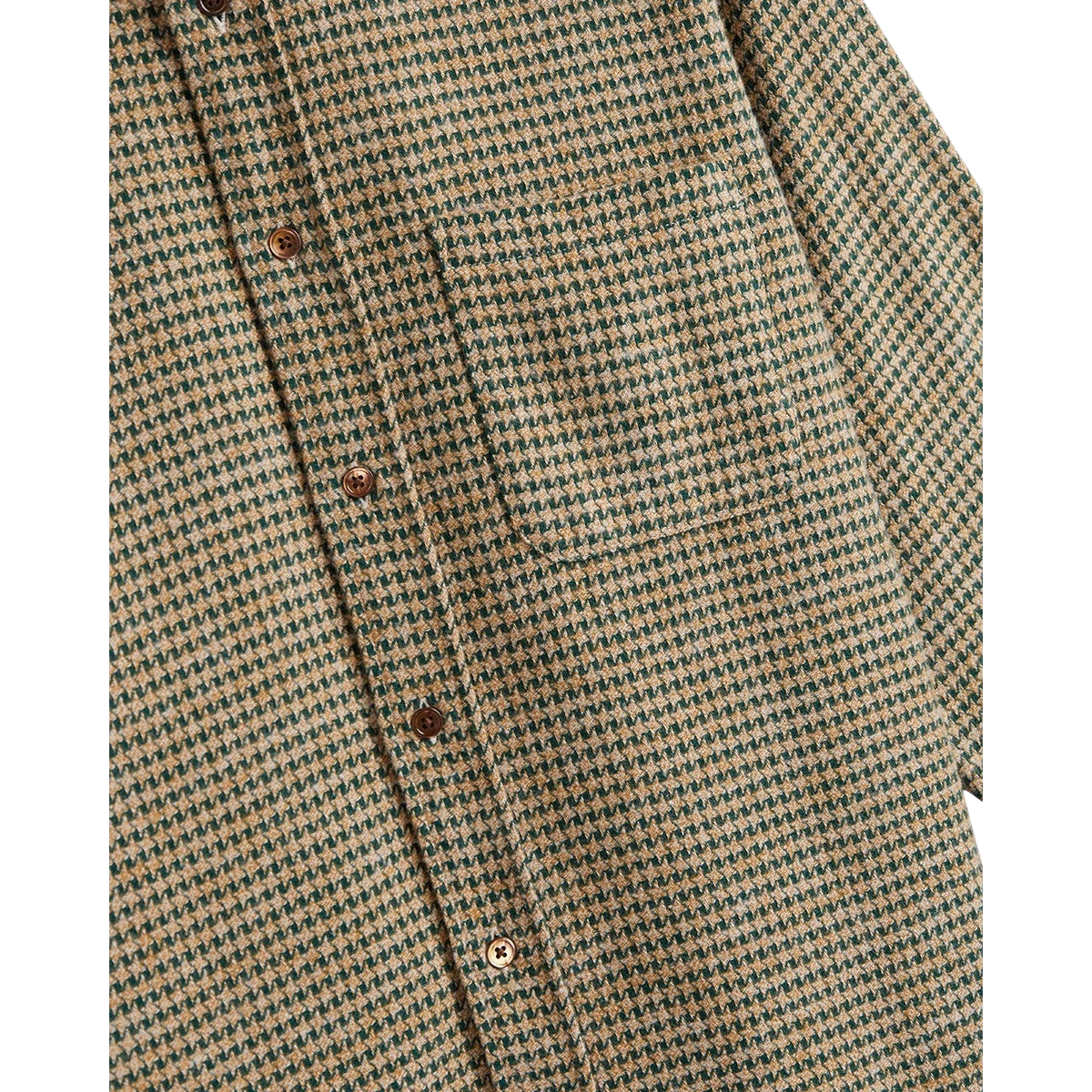MILWORKS Portuguese Flannel shirt in green and tan houndstooth pattern with mother of pearl buttons and chest pocket