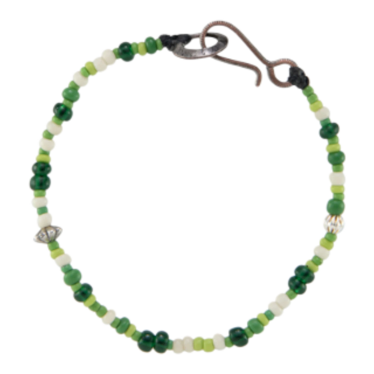 MILWORKS handmade shell bead bracelet in multi-green shades with a vintage US 10-cent nickel coin hook closure.