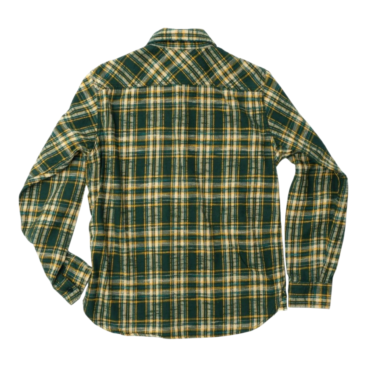 MILWORKS green slub heavy flannel shirt with a small check pattern and brushed texture, back view.