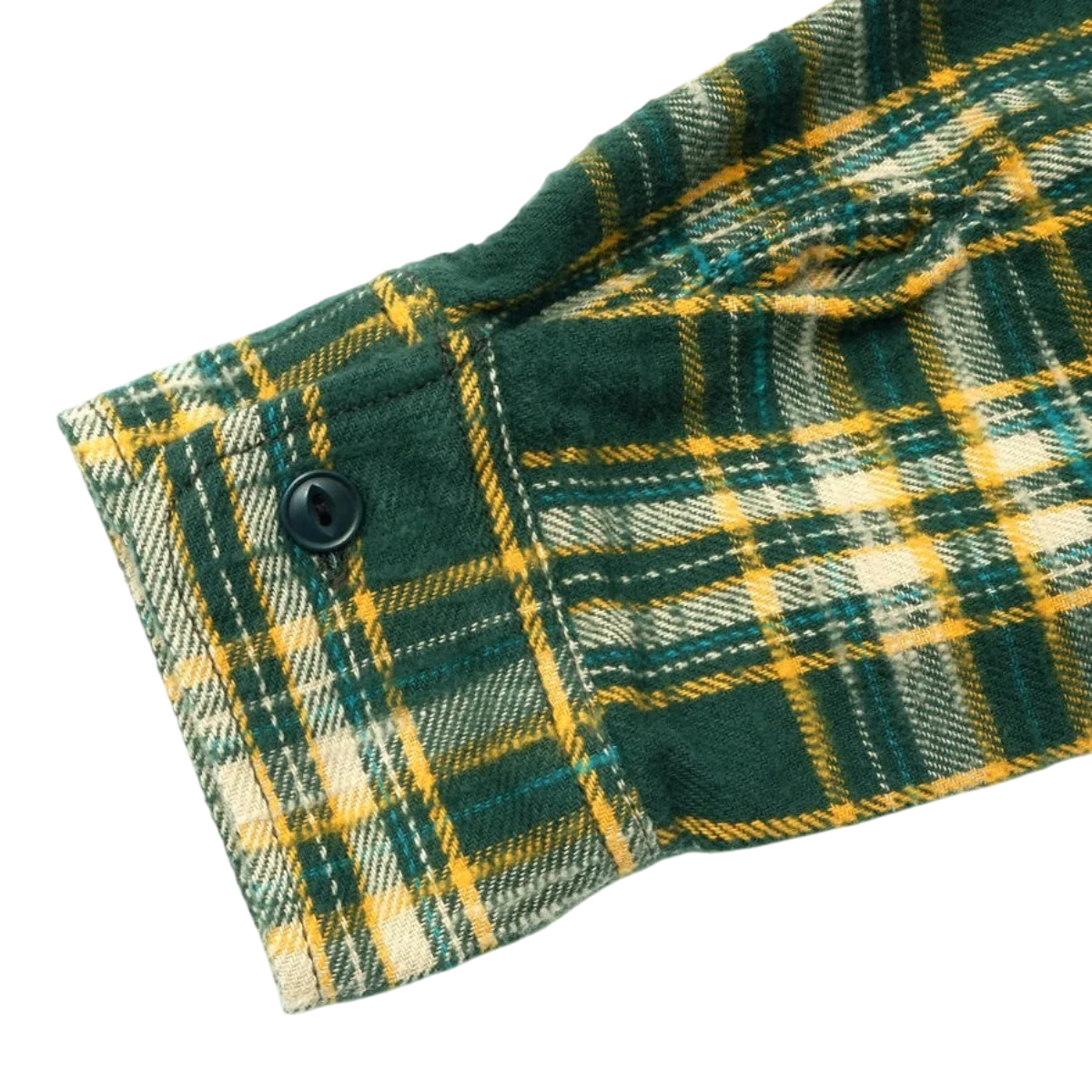 MILWORKS green slub heavy flannel shirt sleeve cuff with textured check pattern and dark button detail