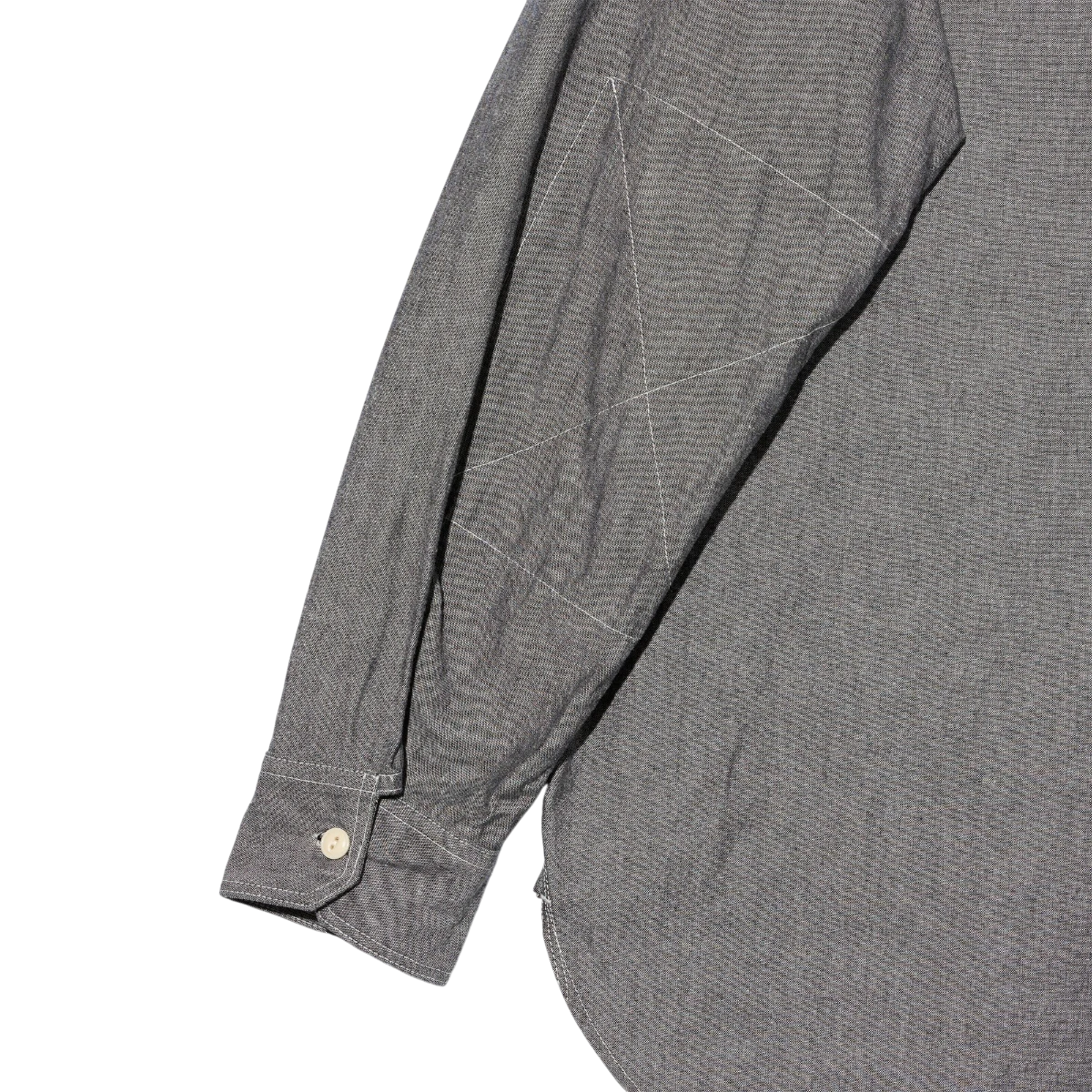 MILWORKS Engineered Garments grey cotton chambray work shirt sleeve with reinforced elbow stitching detail
