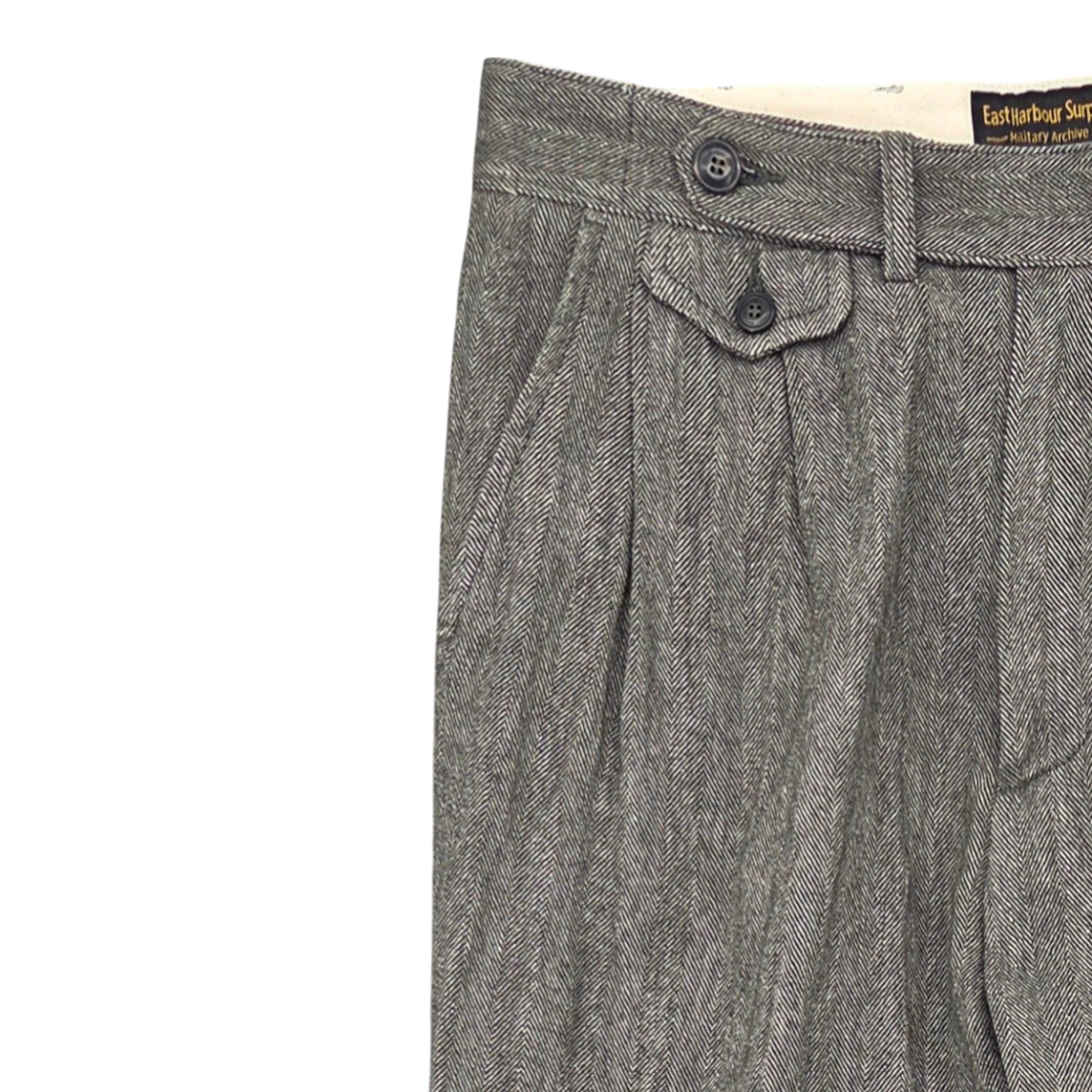 MILWORKS East Harbour Surplus grey herringbone double pleated trousers with buttoned coin pocket detail