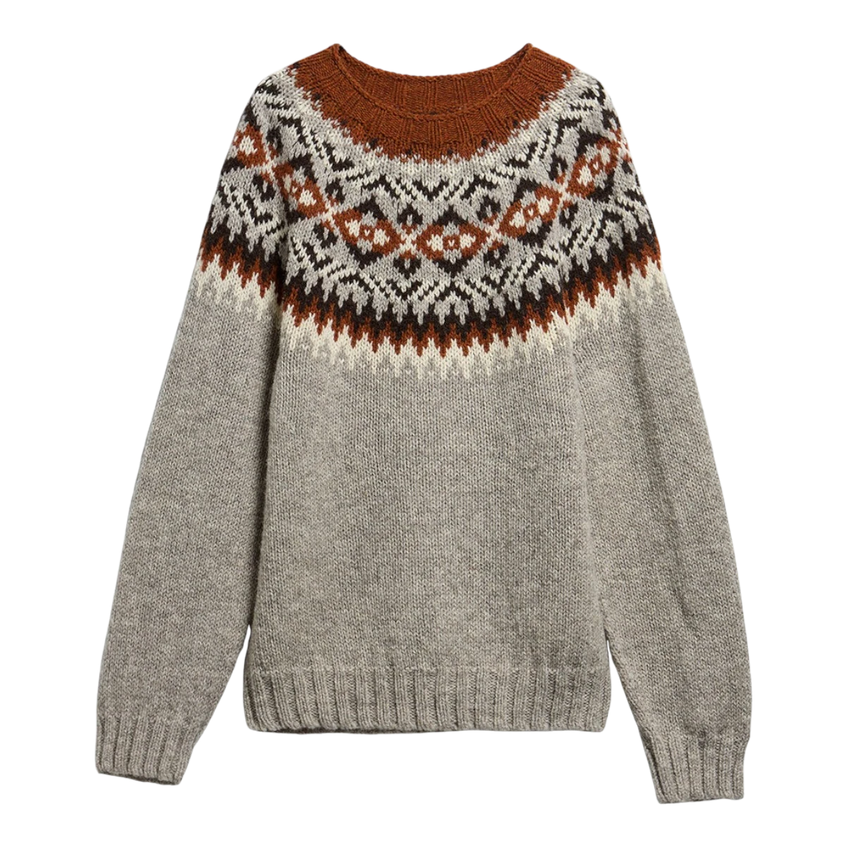 MILWORKS Scottish made grey marl wool crew neck jumper featuring a traditional brown and cream Fair Isle pattern.