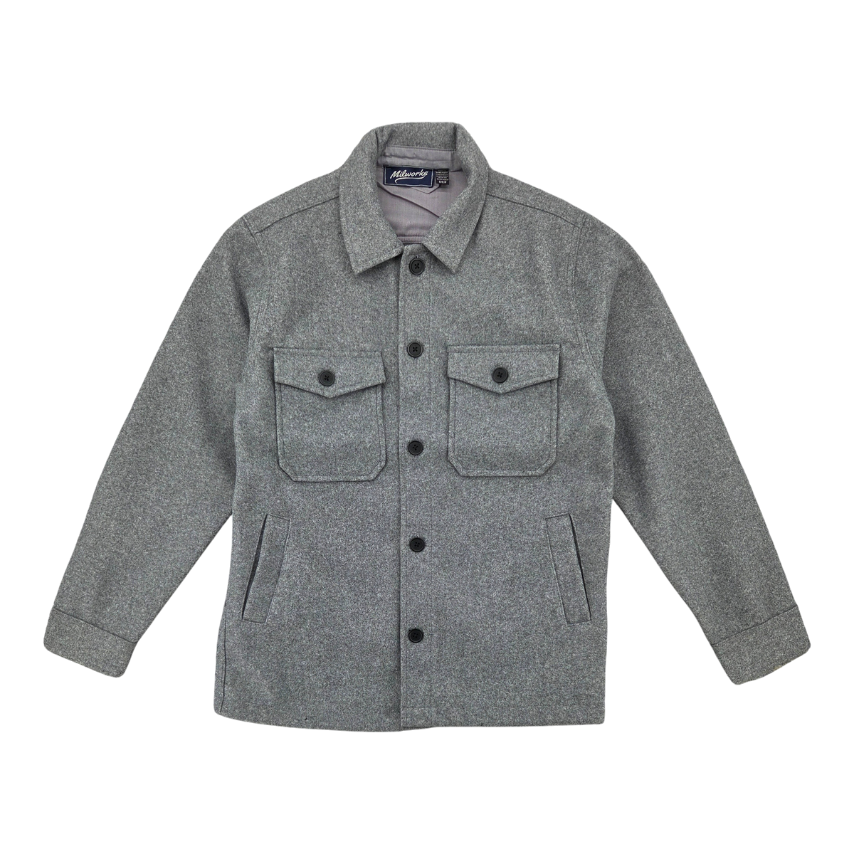 MILWORKS grey marl overshirt jacket with button-up front, dual chest pockets, and side entry pockets.