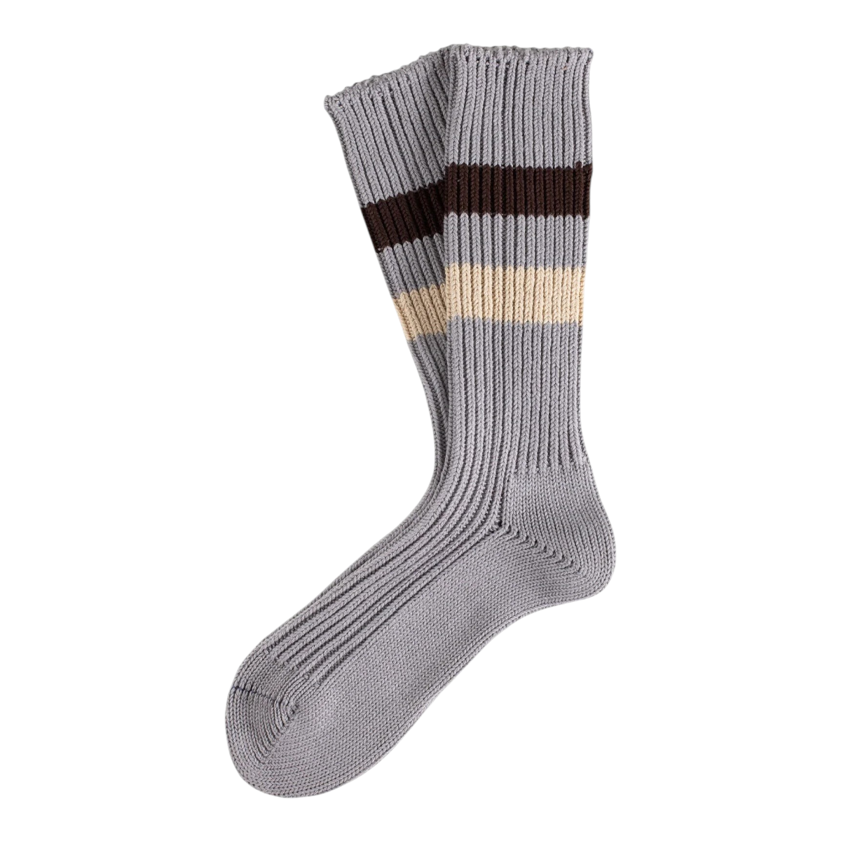 MILWORKS Urban collection grey cotton socks with textured ribbing and brown and cream contrast stripes on the leg.