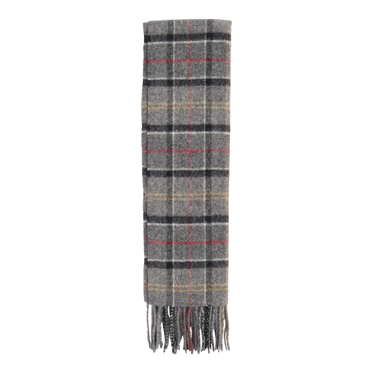 MILWORKS Barbour tartan lambswool scarf in grey with red and yellow accents and a tasselled hem