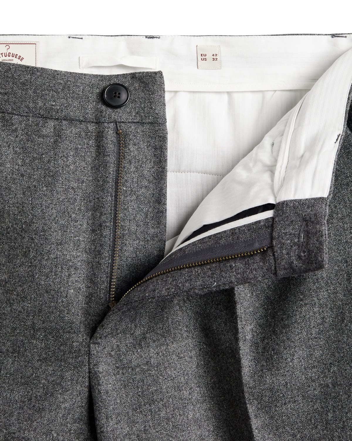 MILWORKS Portuguese Flannel grey virgin wool single pleat trousers with recycled polyester button and zip fly
