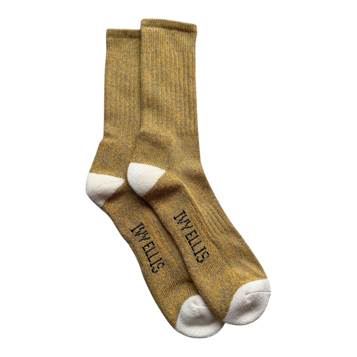 MILWORKS The Half Dome crew socks in mustard-gold marled cotton blend with cream heel and toe details.