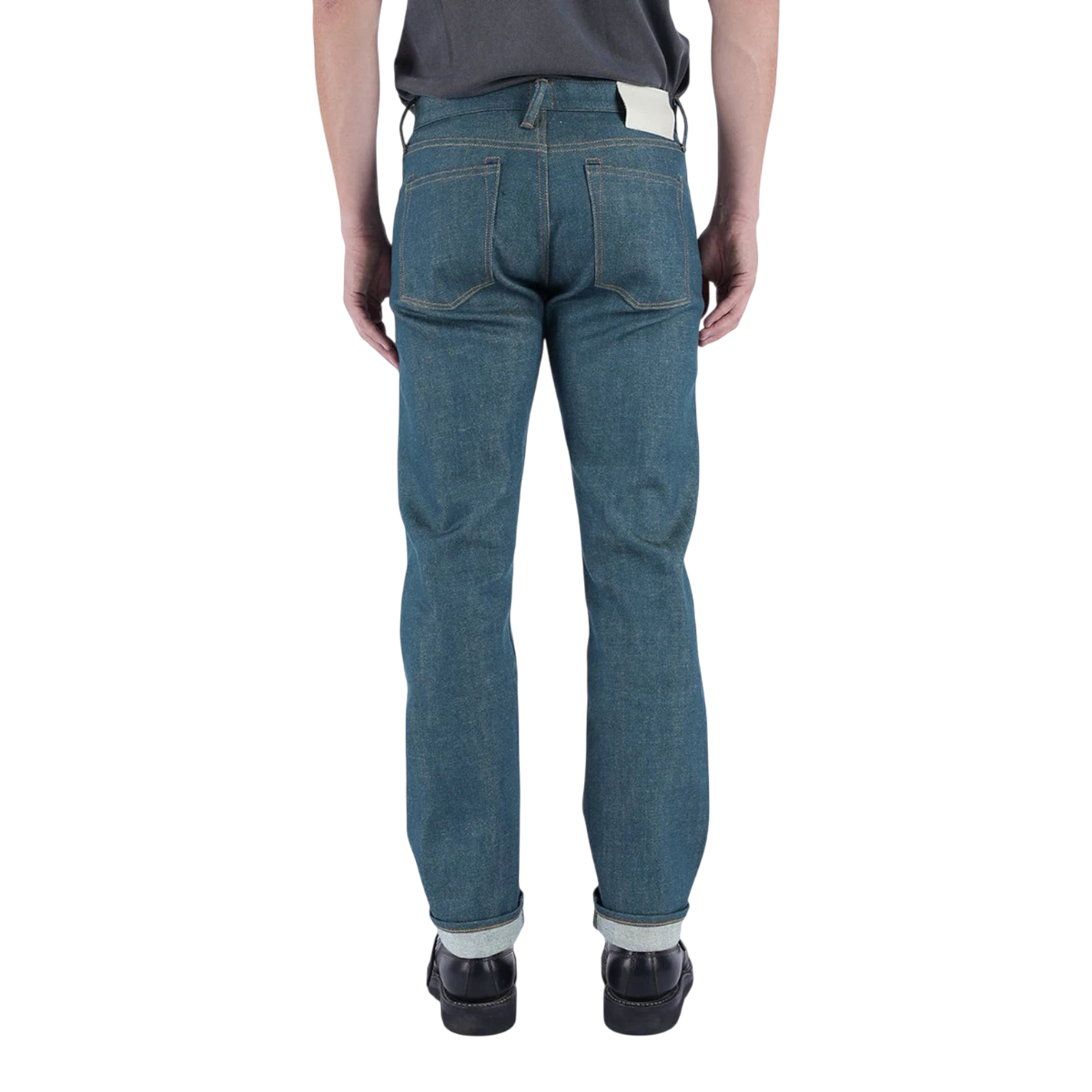 MILWORKS Hammer Straight 14oz 70's blue raw denim jeans, back view showing straight leg fit and cuffed hems.