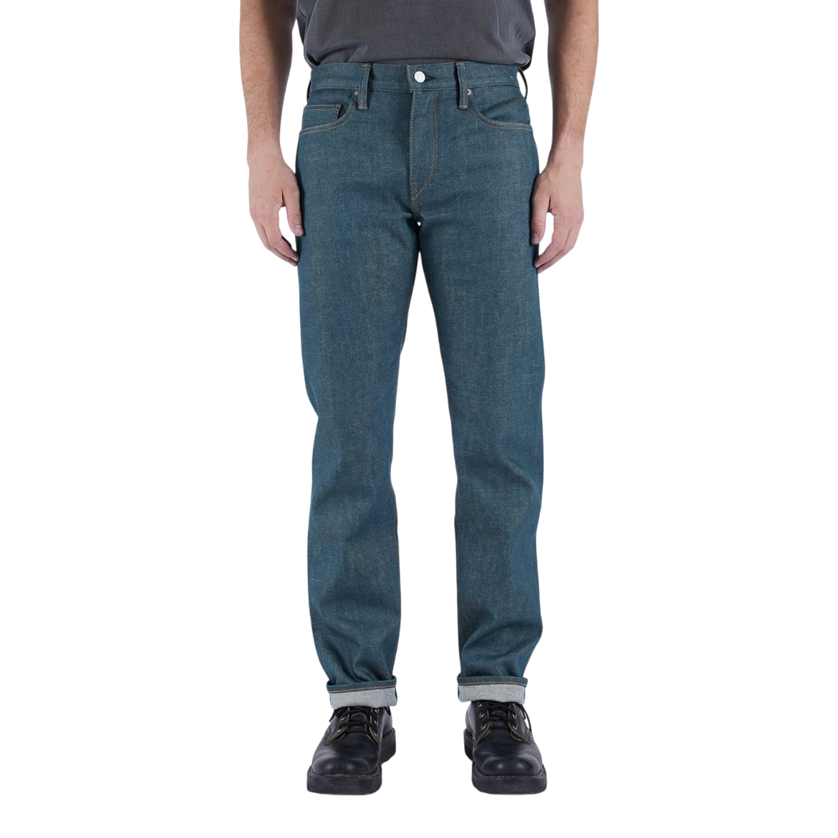 MILWORKS Hammer Straight 14oz 70s blue raw denim jeans worn by a model with black boots