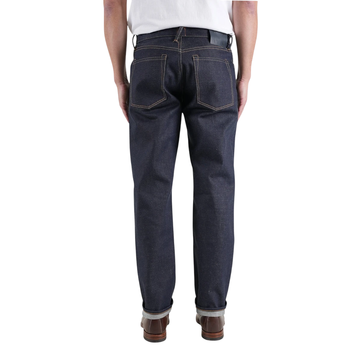 MILWORKS Hammer Straight Mammoth 17.5oz indigo raw denim jeans, back view showing contrast stitching and leather patch