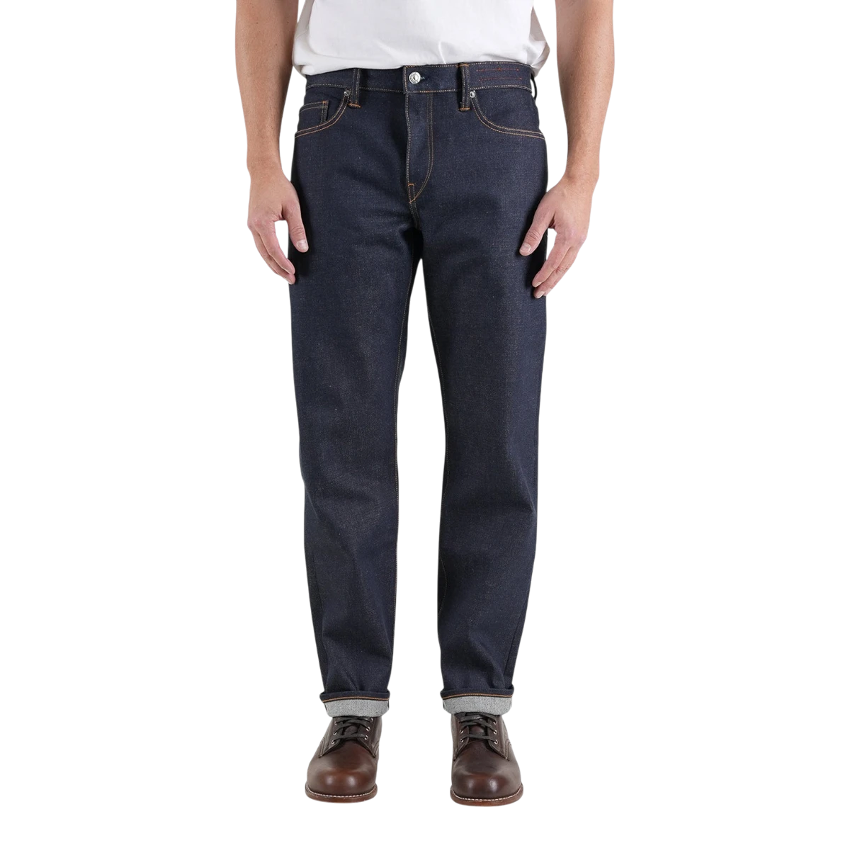 MILWORKS Hammer Straight Mammoth 17.5oz indigo raw denim jeans with contrast stitching on a model