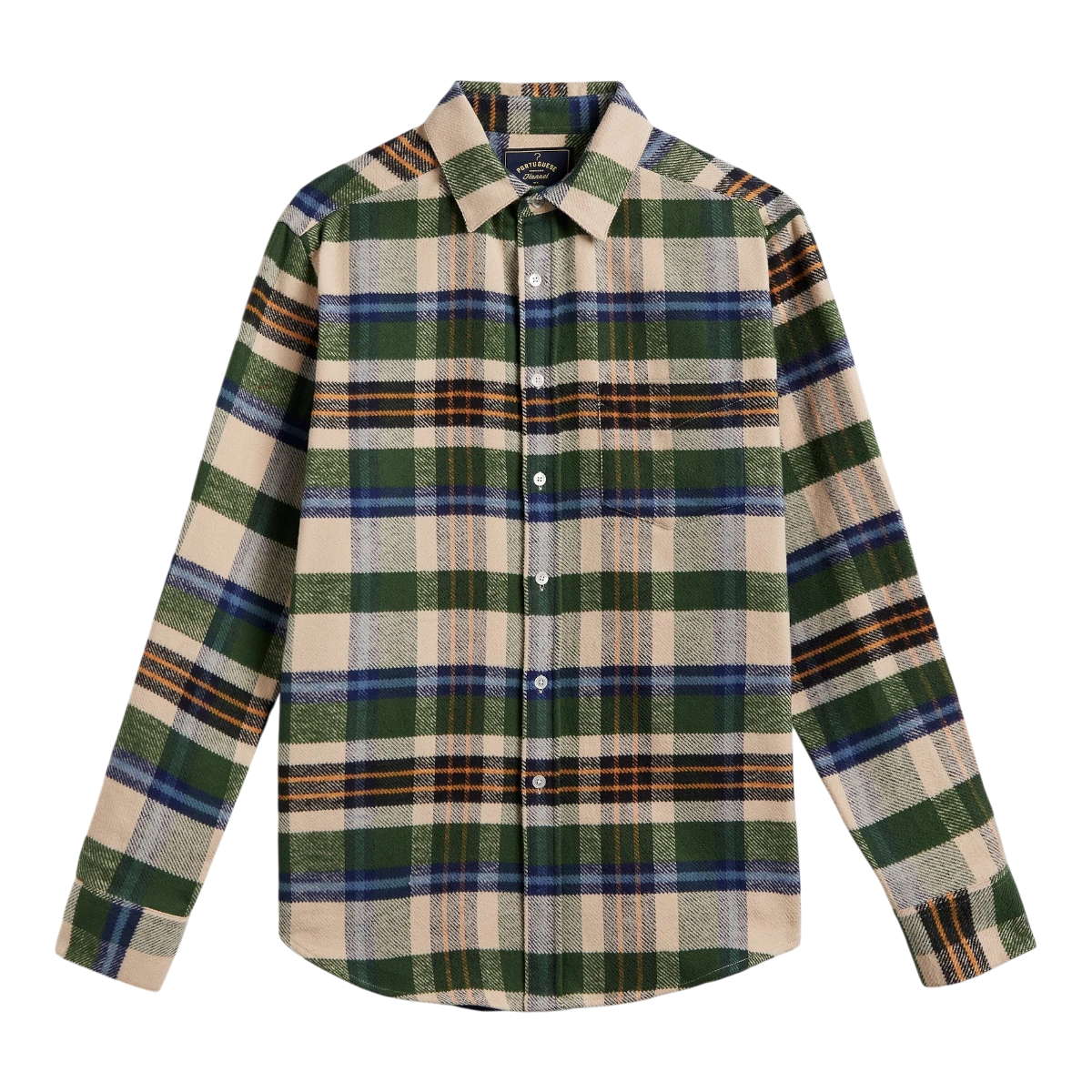 MILWORKS Harbor plaid flannel shirt in green and beige cotton with mother of pearl buttons