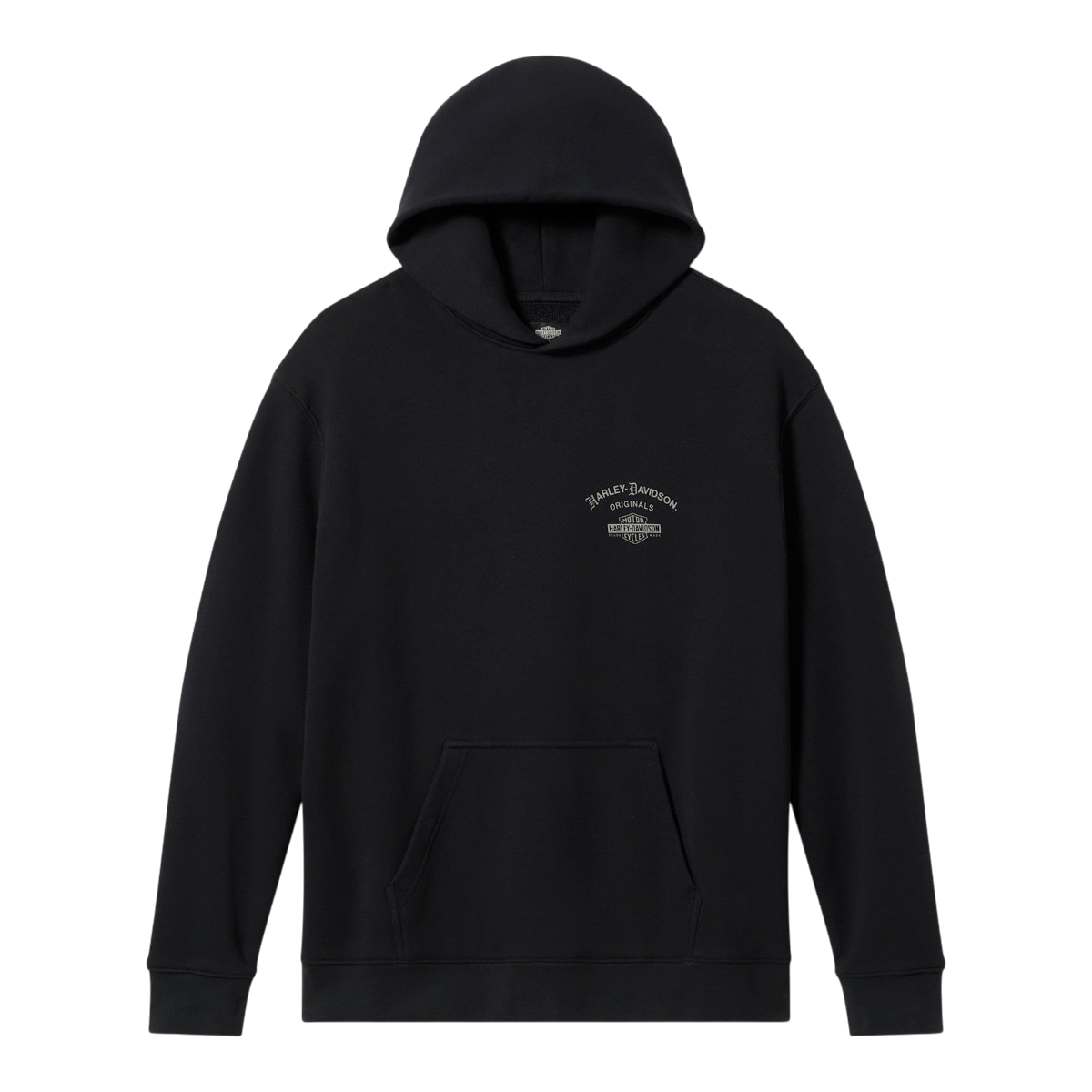 MILWORKS Harley-Davidson black cotton French terry pullover hoodie with a front kangaroo pocket and chest graphic.