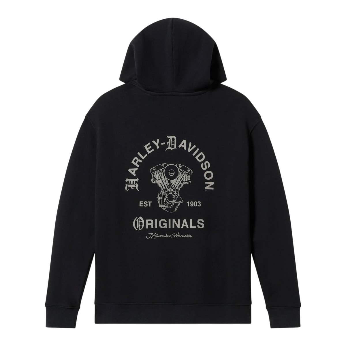 MILWORKS Harley-Davidson black cotton French terry hoodie with Shovelhead engine back graphic