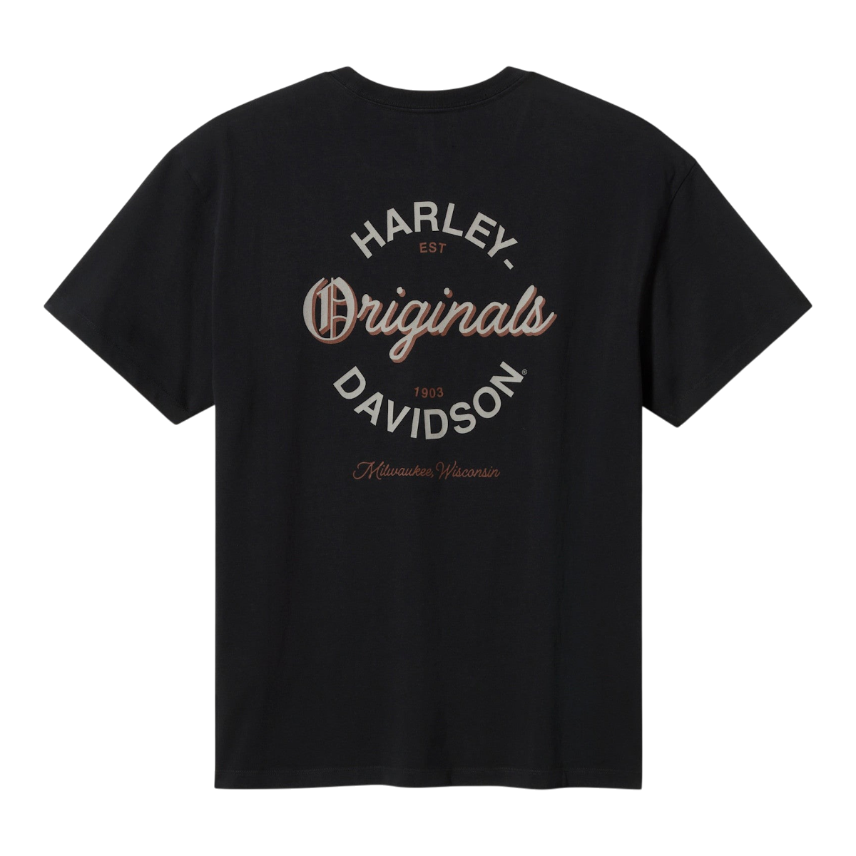 MILWORKS Harley-Davidson black cotton jersey t-shirt featuring a vintage-style circular graphic on the back.