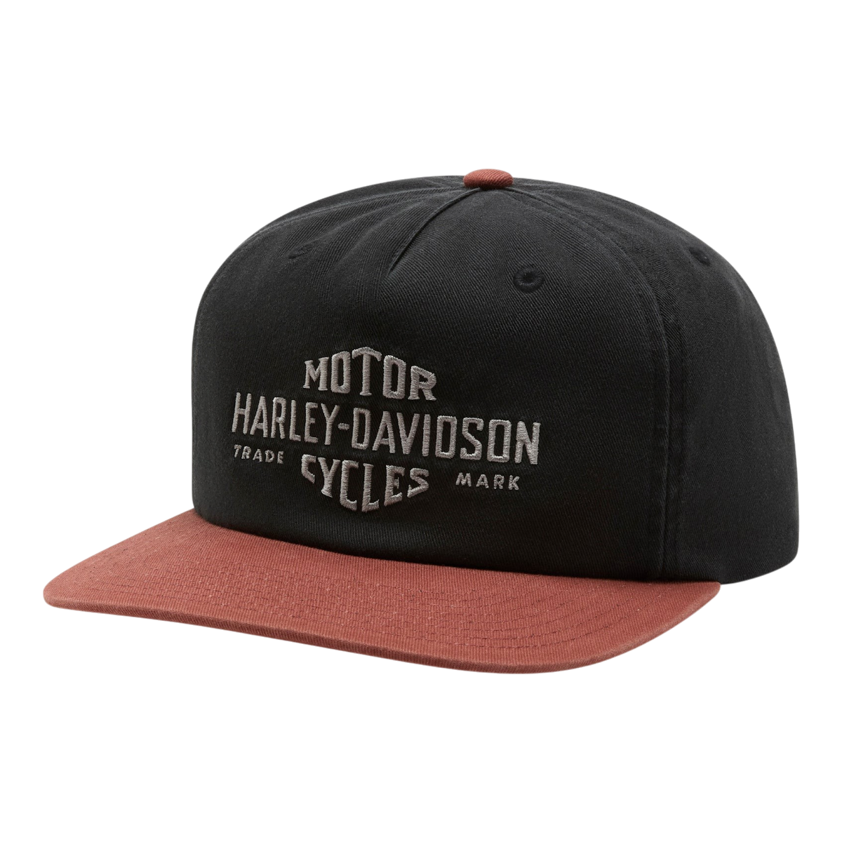 MILWORKS Originals Standard Twill Cap in black cotton with a contrasting rust-colored brim and Harley-Davidson logo.