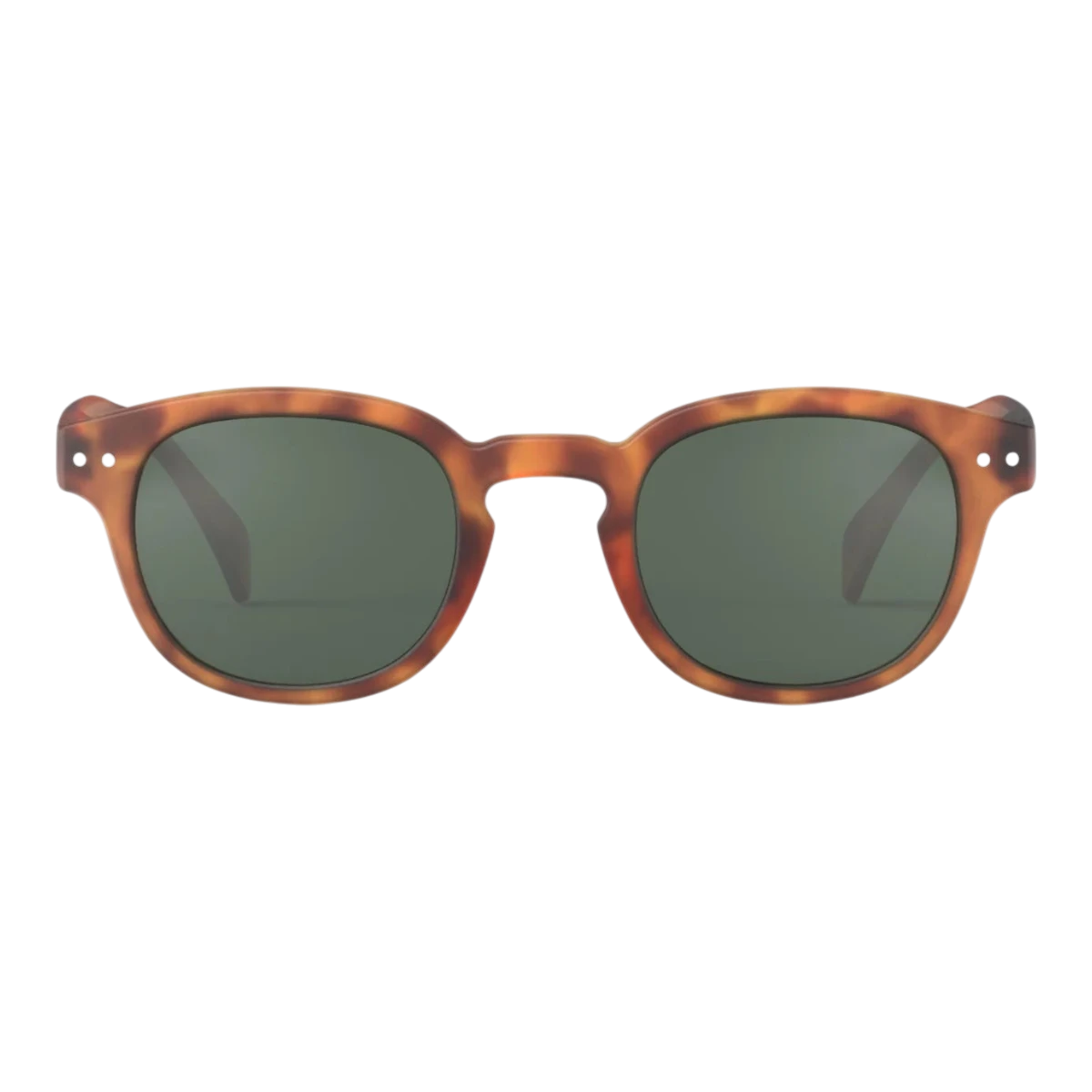 MILWORKS #C Havane sunglasses with a translucent tortoiseshell frame, soft-touch finish, and green contrast lenses.