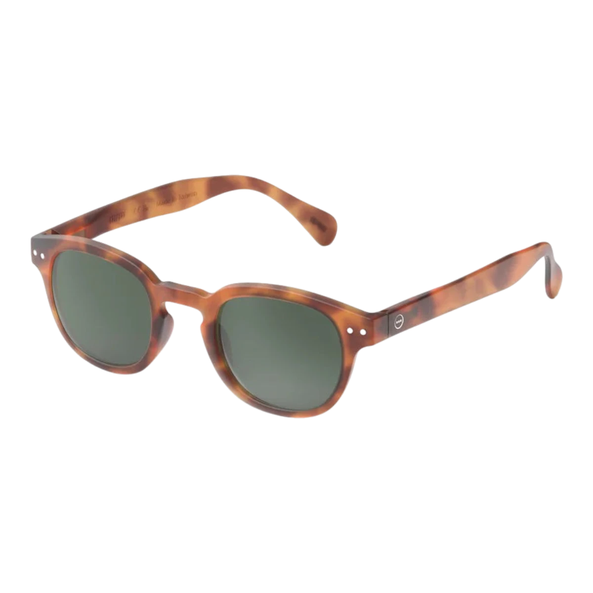 MILWORKS #C Havane unisex sunglasses with a thick, translucent tortoiseshell frame and green lenses.