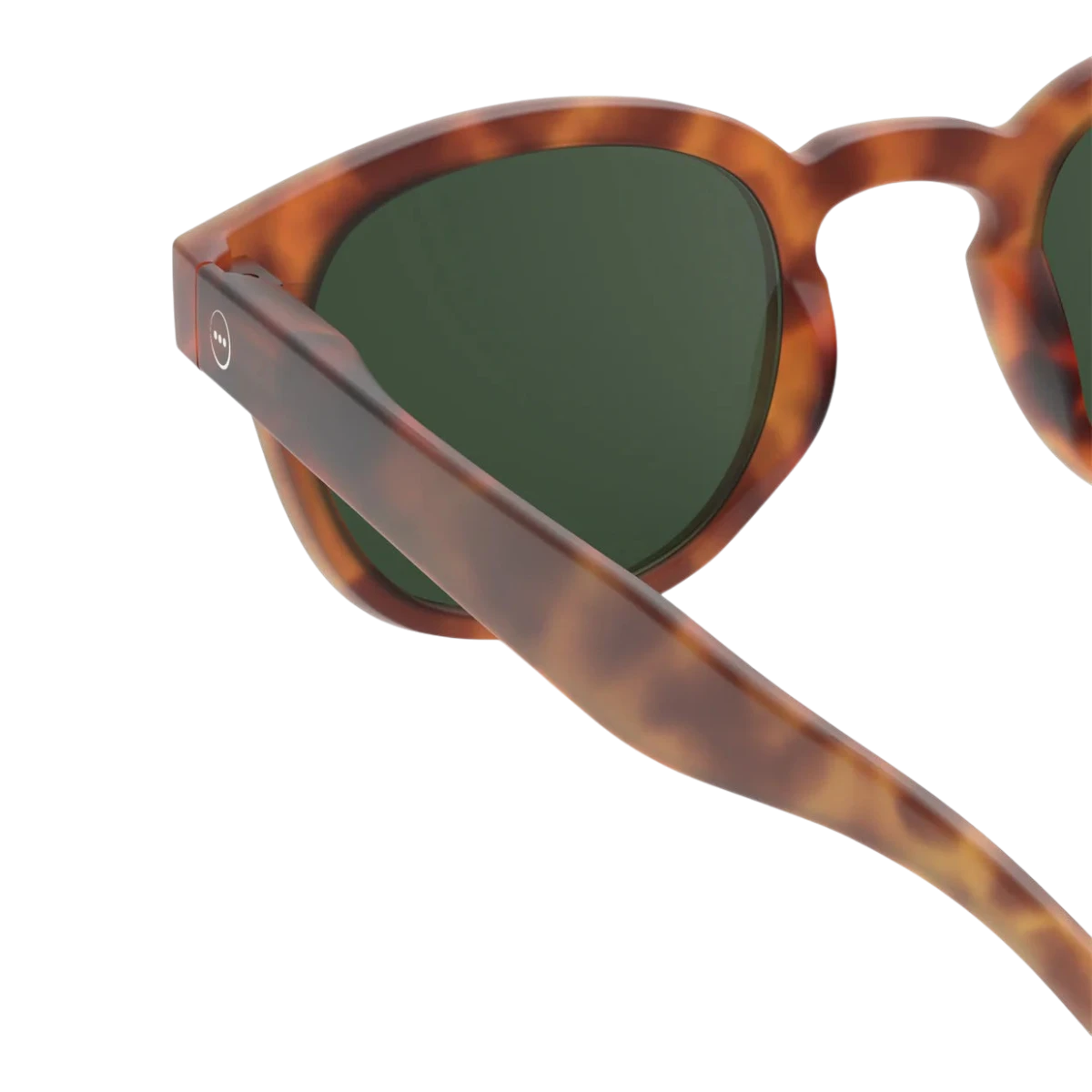 MILWORKS #C Havane sunglasses with a thick tortoiseshell frame, soft-touch finish, and green contrast lenses.