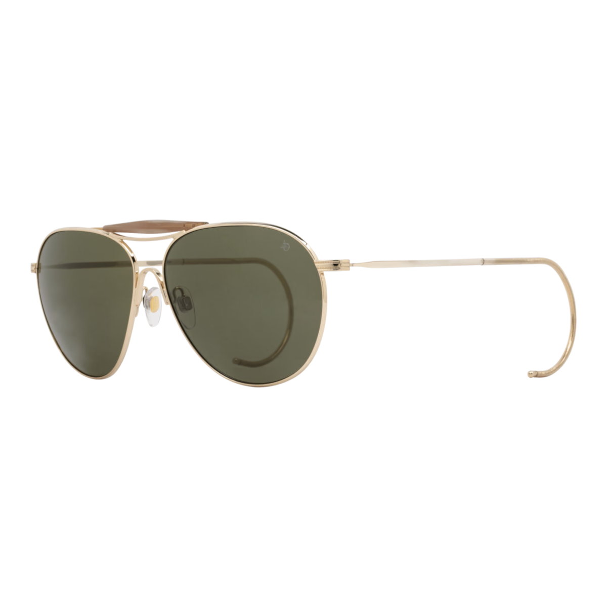 MILWORKS Hazemaster aviator sunglasses with gold frames, green lenses, and a handcrafted acetate sweat bar.