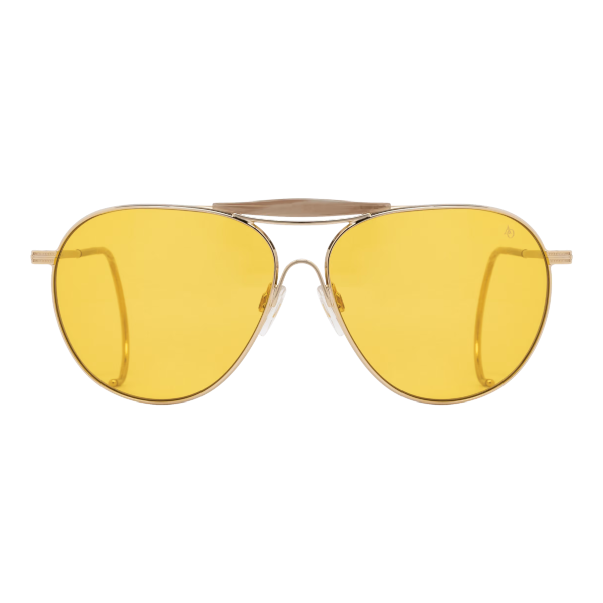 MILWORKS Hazemaster aviator sunglasses with gold frames, orange lenses, and a handcrafted acetate sweat bar.