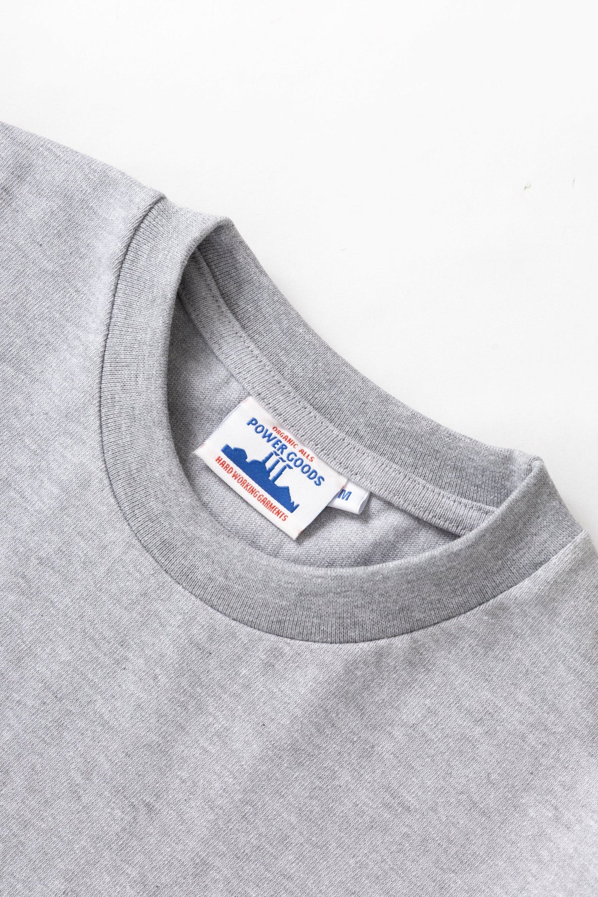 MILWORKS Power Goods heather grey 10oz organic cotton heavyweight t-shirt with ribbed neckline and brand label