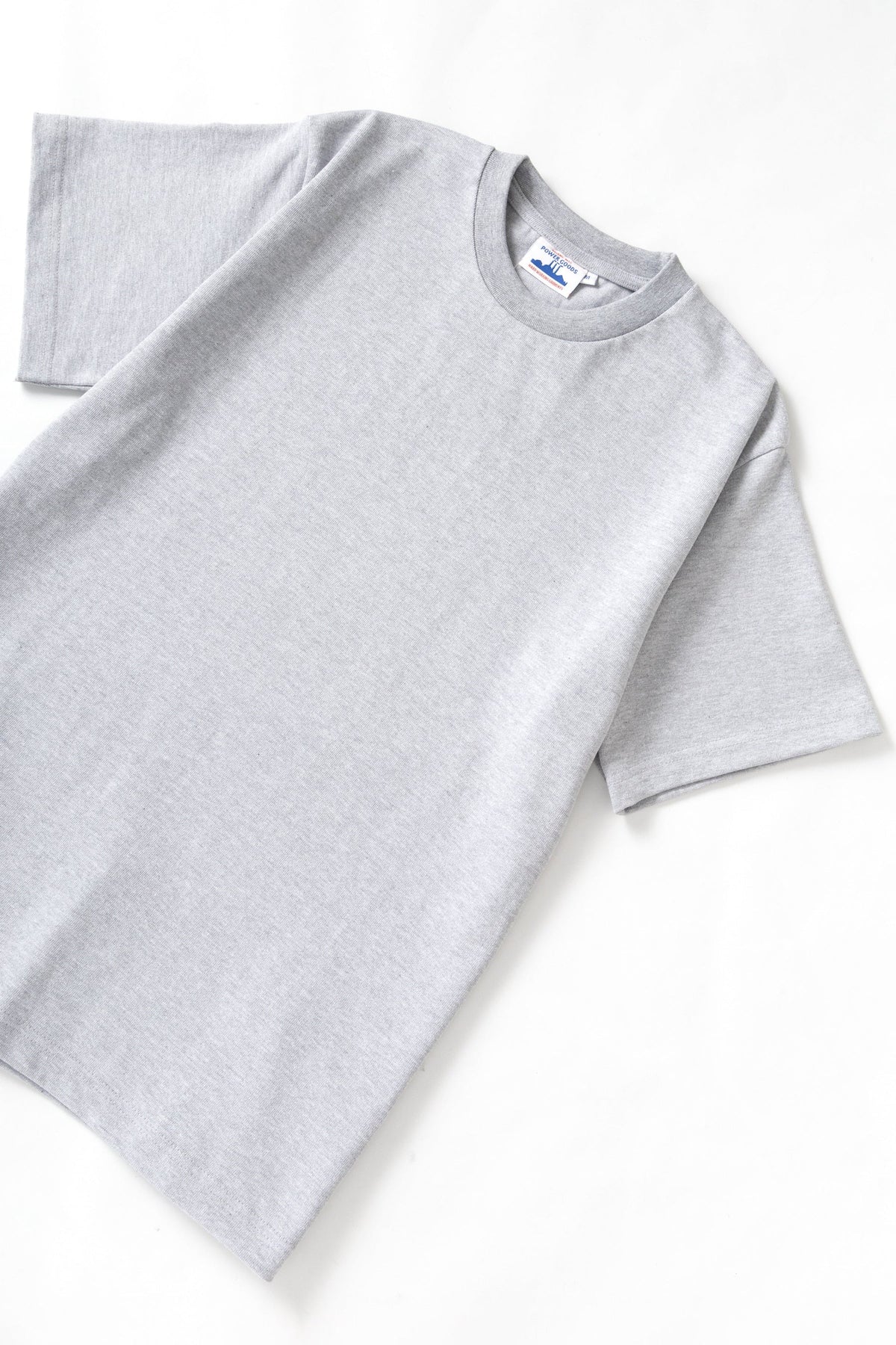 MILWORKS Power Goods 10oz heavyweight organic cotton t-shirt in heather grey with a reinforced ribbed neckline.