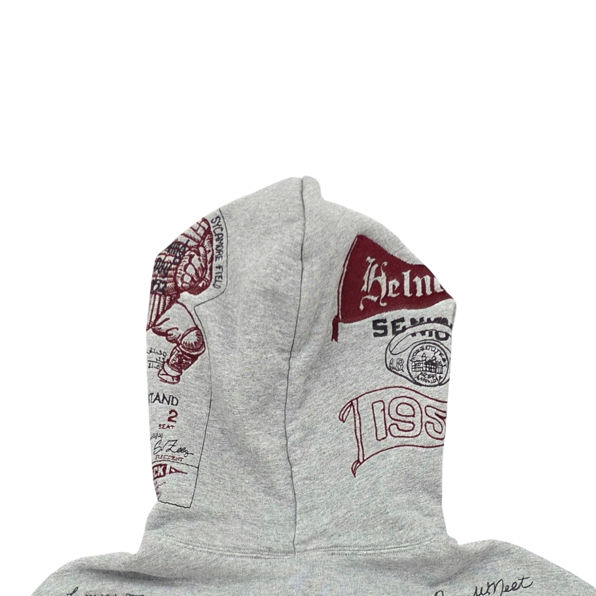 MILWORKS heather grey varsity hoodie featuring detailed multicolor vintage-style embroidery on the hood