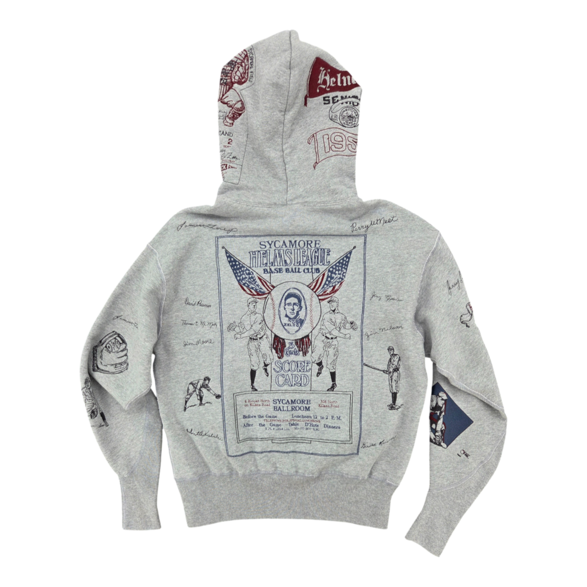 MILWORKS heather grey varsity hoodie featuring vintage-style multicolor baseball embroidery on the back and sleeves