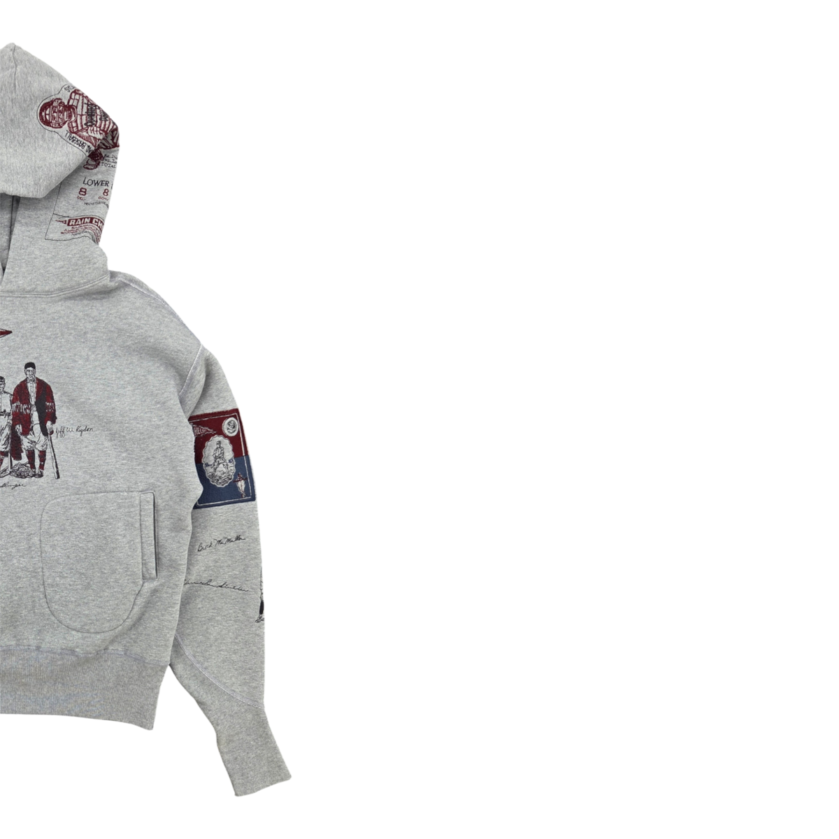 MILWORKS heather grey varsity hoodie featuring multicolor vintage-style embroidery on the hood, chest, and sleeve.