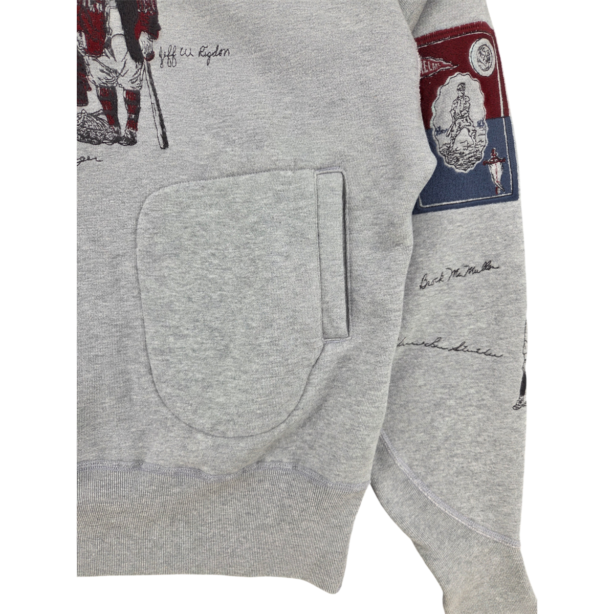 MILWORKS heather grey varsity hoodie featuring multicolor embroidery patches and signature script details