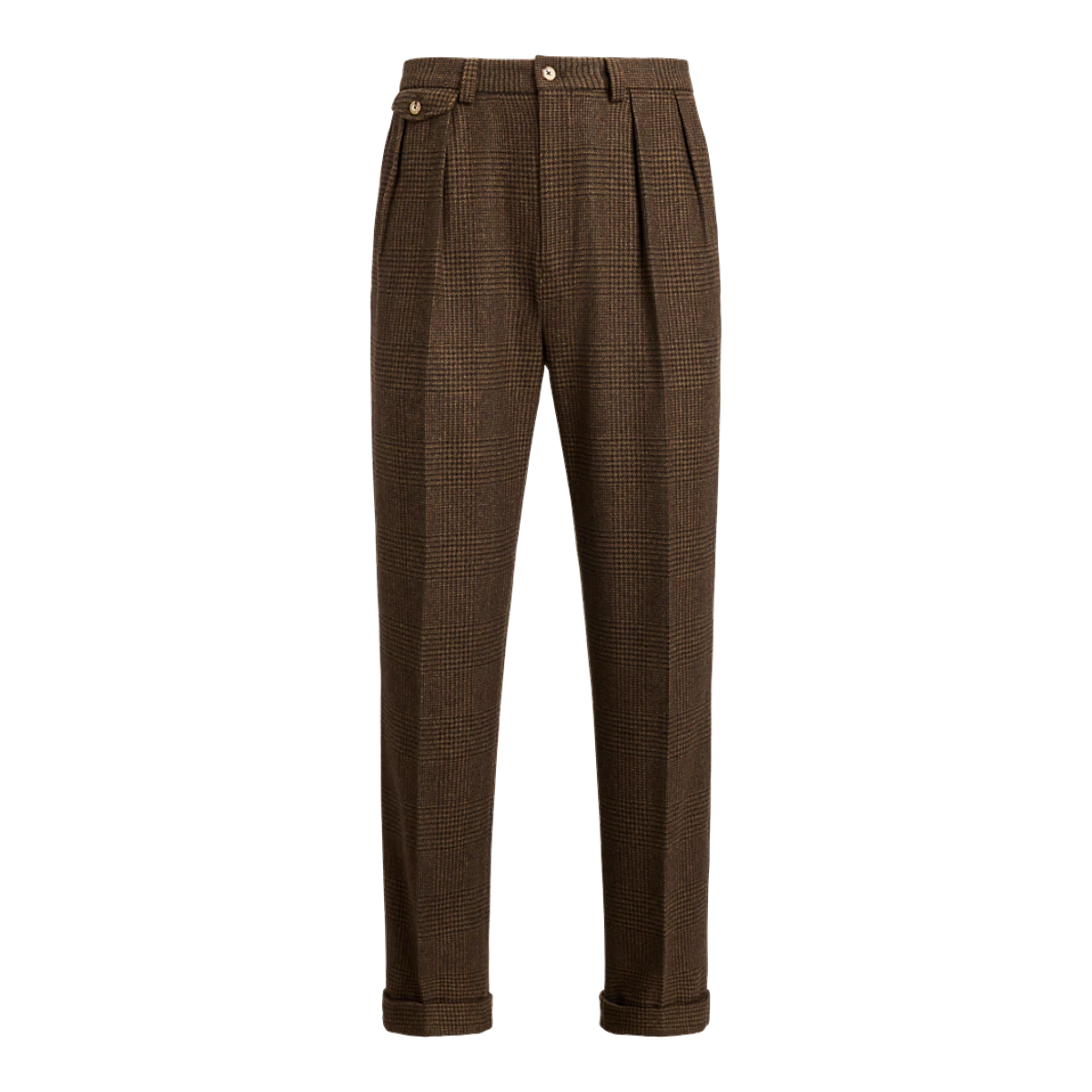 MILWORKS Whitman honey brown glen plaid pleated trousers with a relaxed fit and cuffed hems.