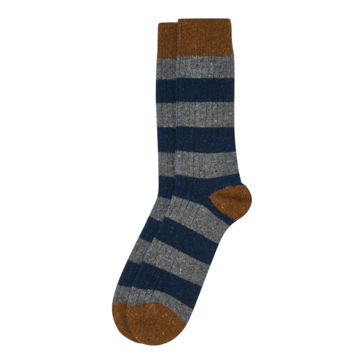 MILWORKS Houghton wool blend socks in asphalt and navy stripes with contrasting brown heel and toe details.