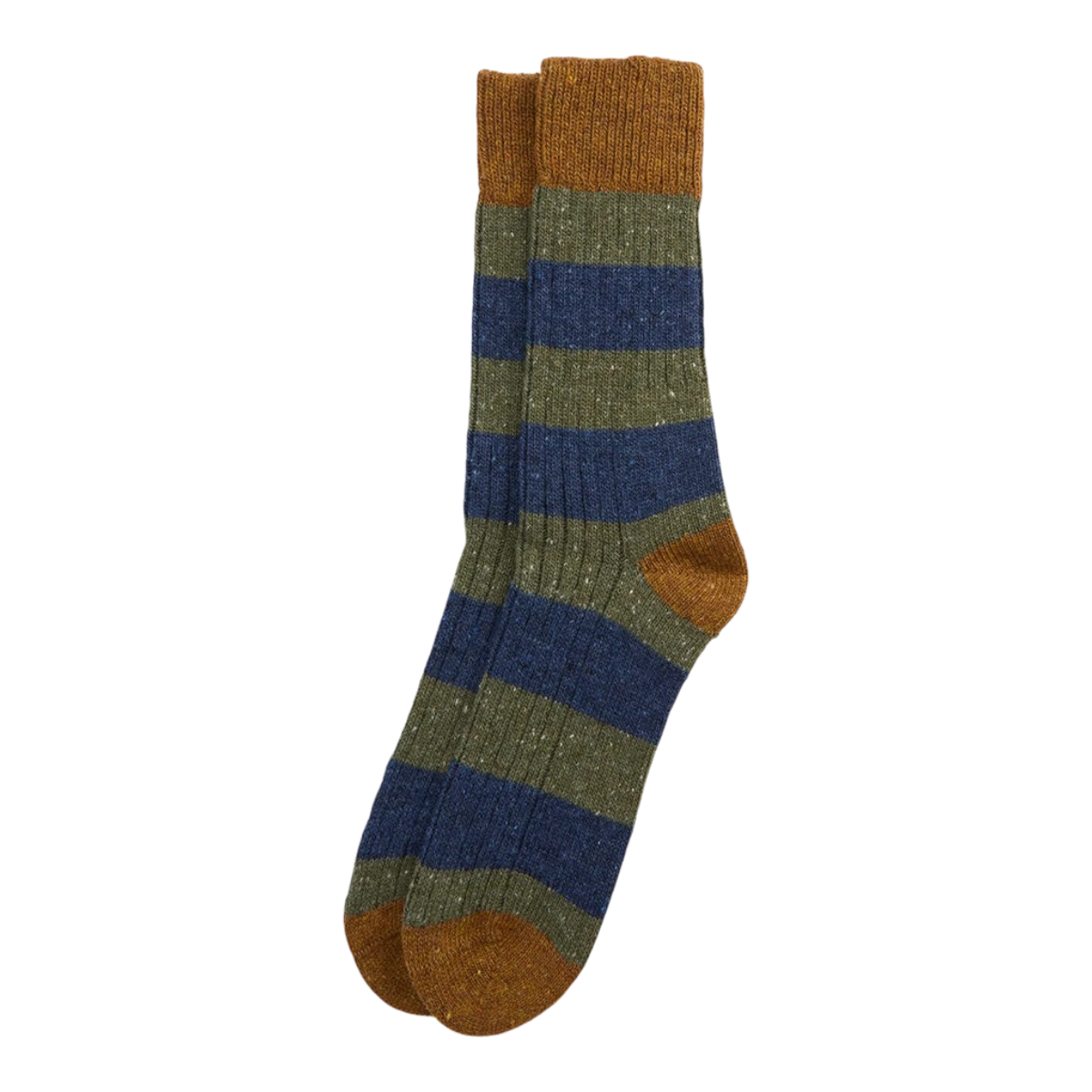 MILWORKS Houghton wool blend socks in thyme green and blue stripes with contrasting brown heel and toe