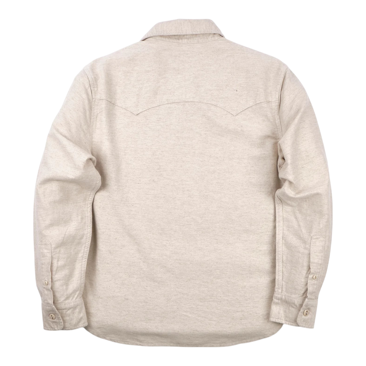 Back view of MILWORKS Freenote Cloth Huntsman natural nep western shirt in cotton linen blend with back yoke detail