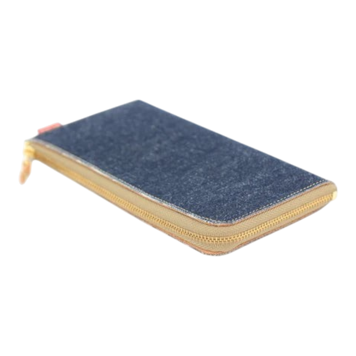 MILWORKS long zip wallet made from indigo Okayama denim and Italian deerskin with a gold-tone zipper closure.
