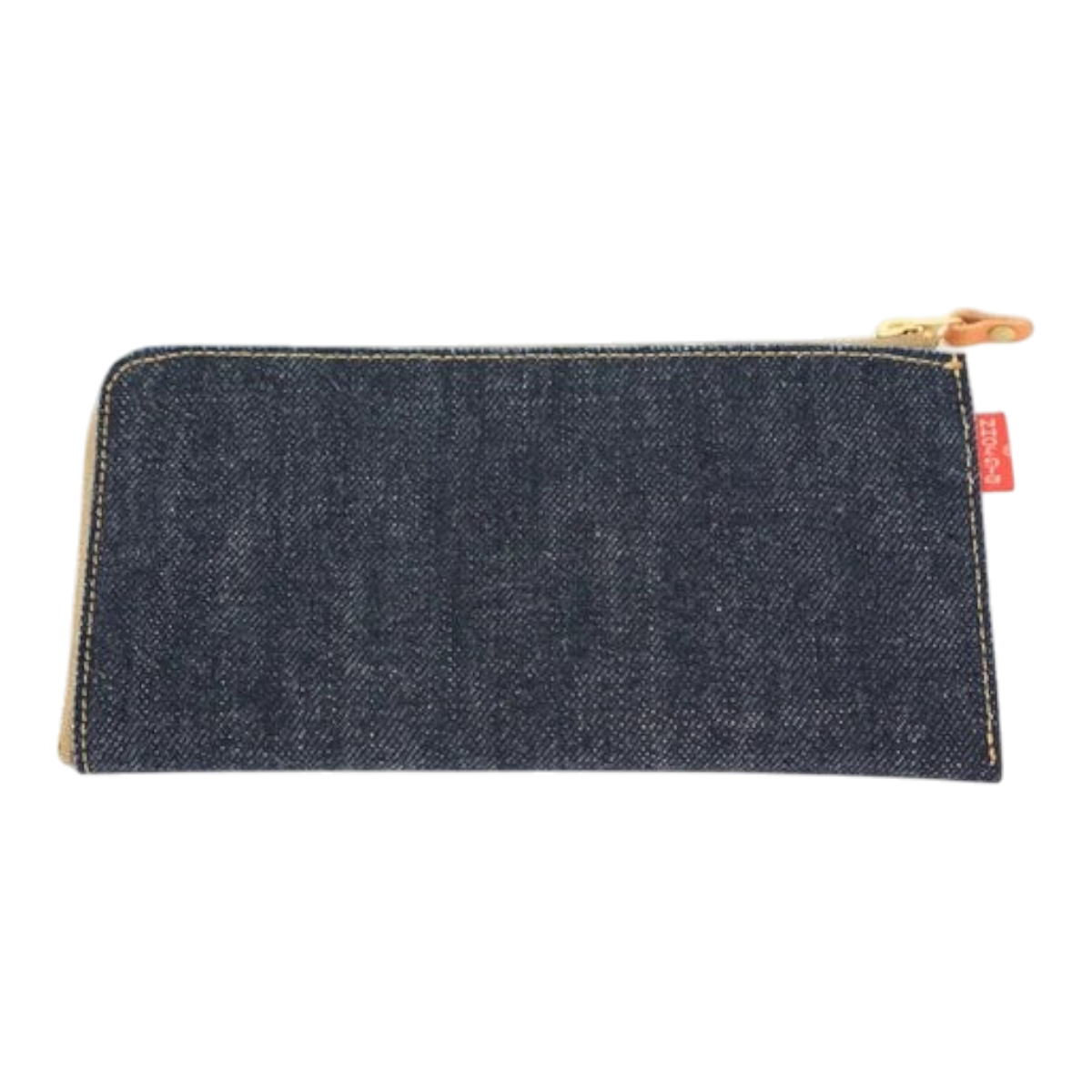 MILWORKS long wallet made from indigo Okayama denim and Italian leather with an L-zip closure and red side label